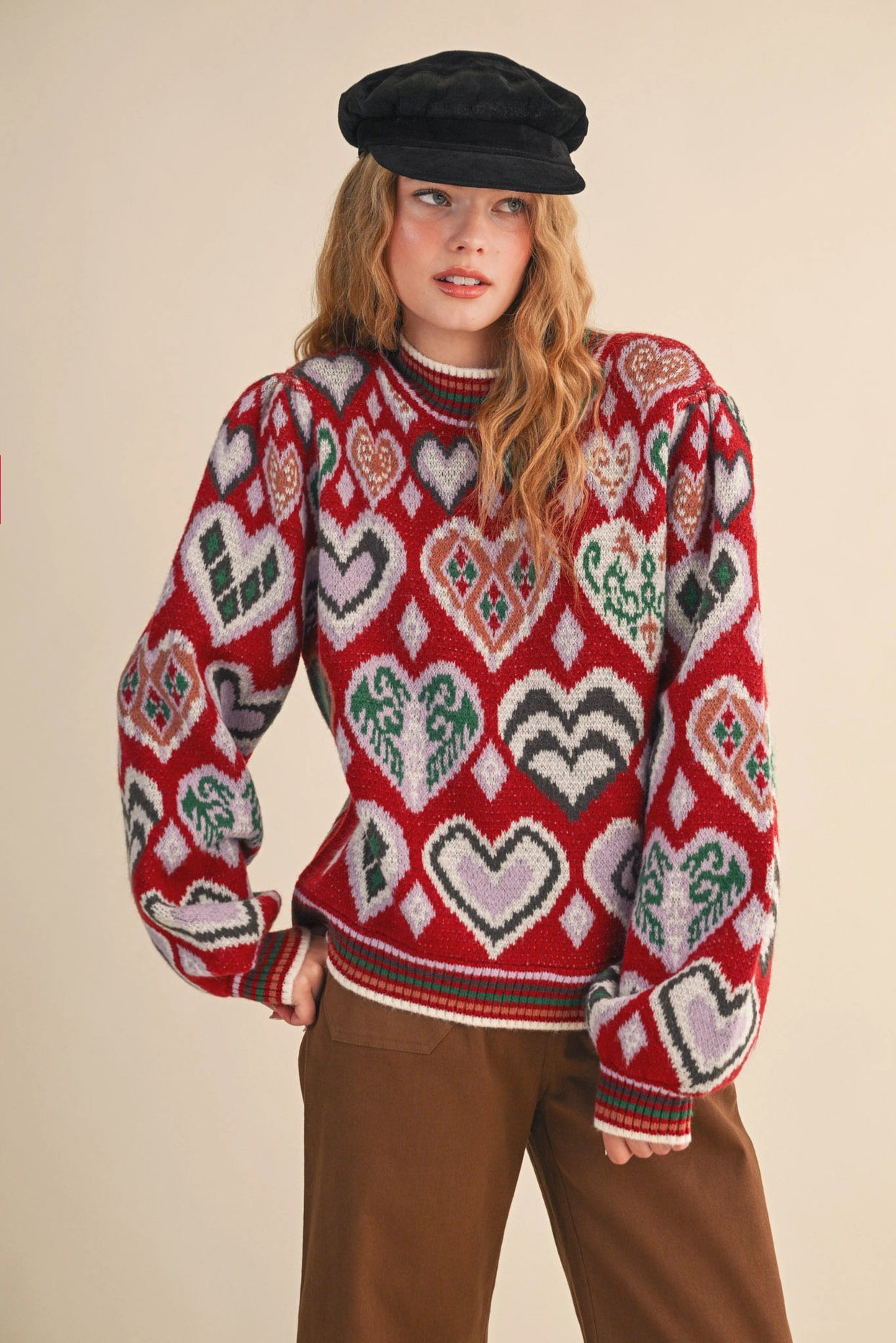 Heart Pattern Pullover Sweater - Brown Multi