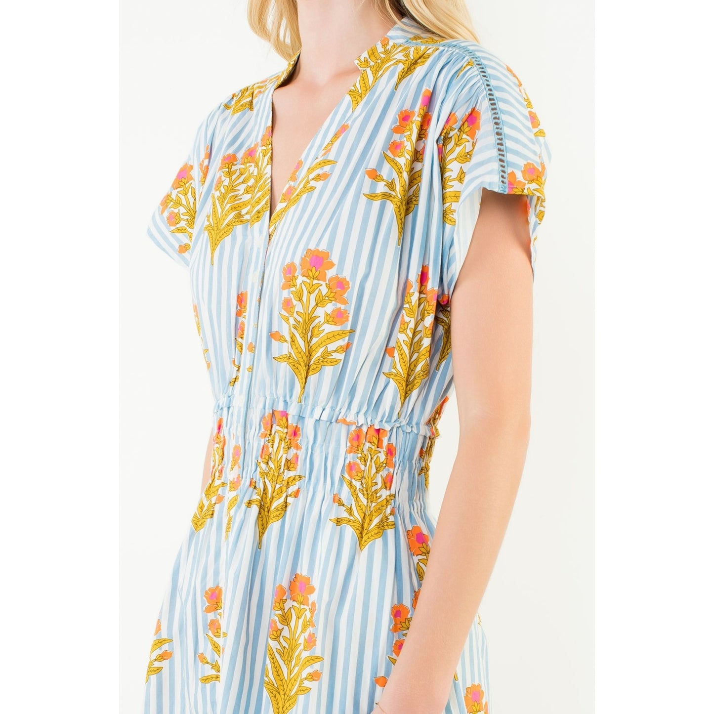 Short Sleeve Floral Striped Print Dress - Blue