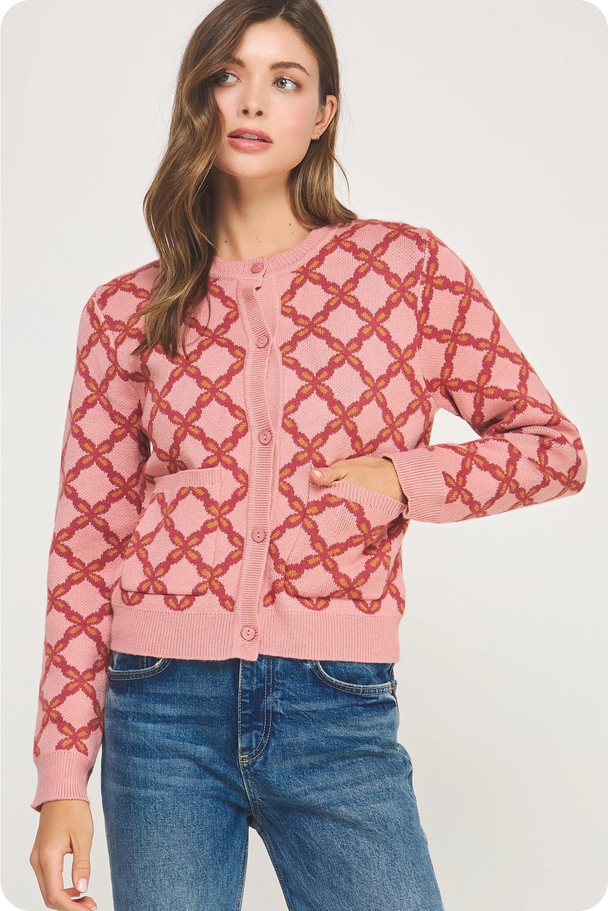 Chainlink Intarsia Cardigan Sweater - Mauve Multi