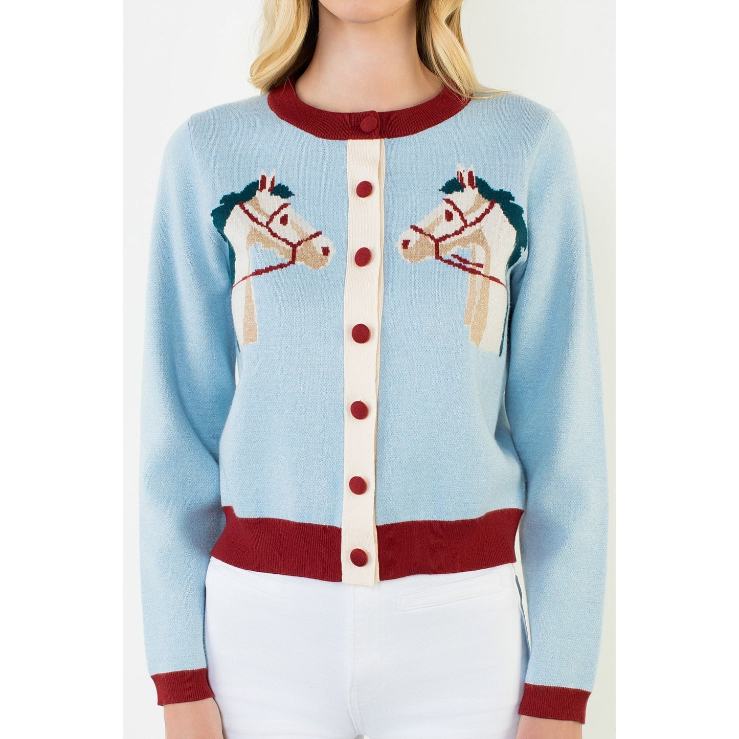 Double Horse Knit Cardigan - Light Blue