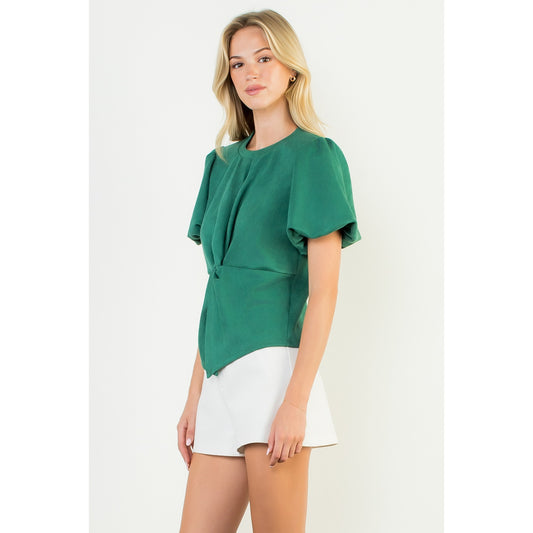 Puff Sleeve Twisted Detail Suede Top - Green