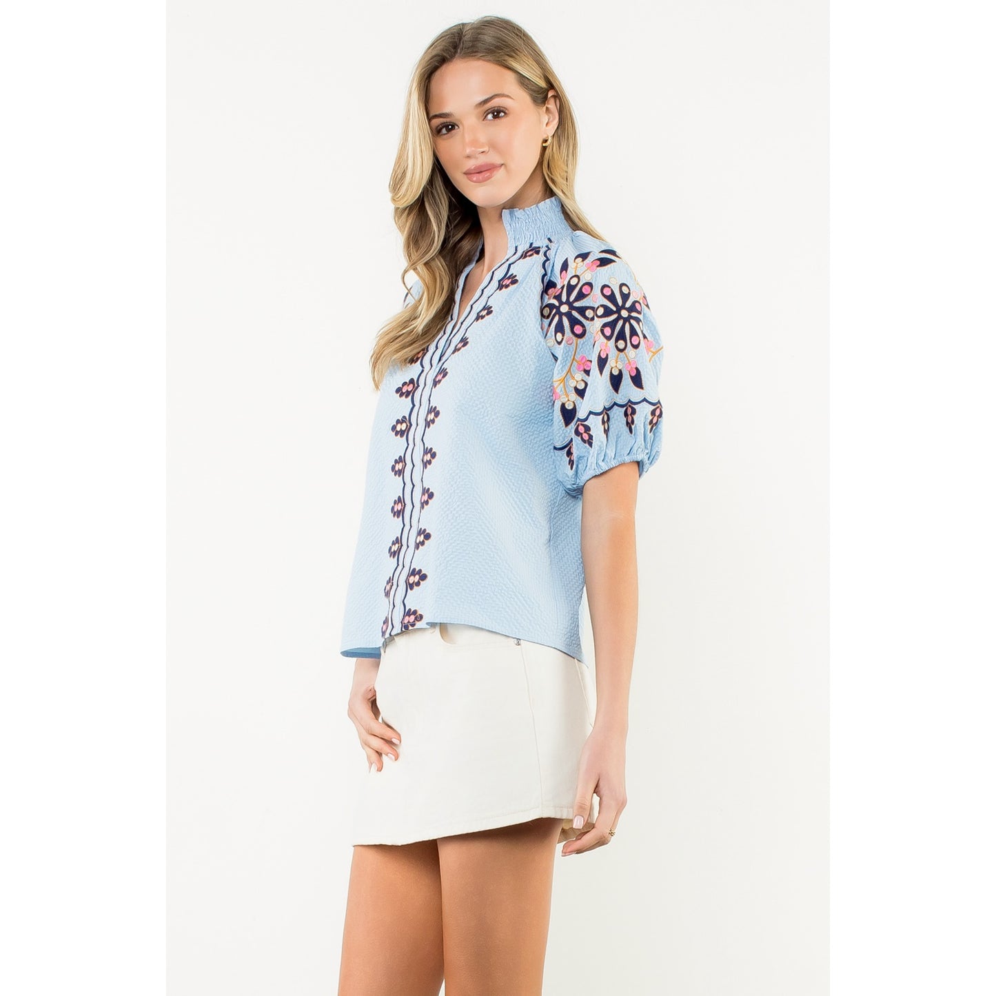 Embroidered Puff Sleeve Textured Top - Blue