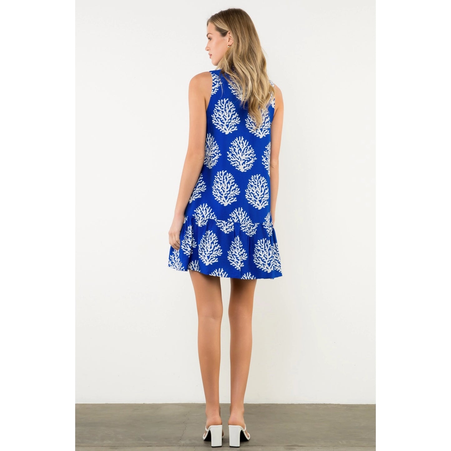 Pleated Button Front Coral Print Dress - Blue