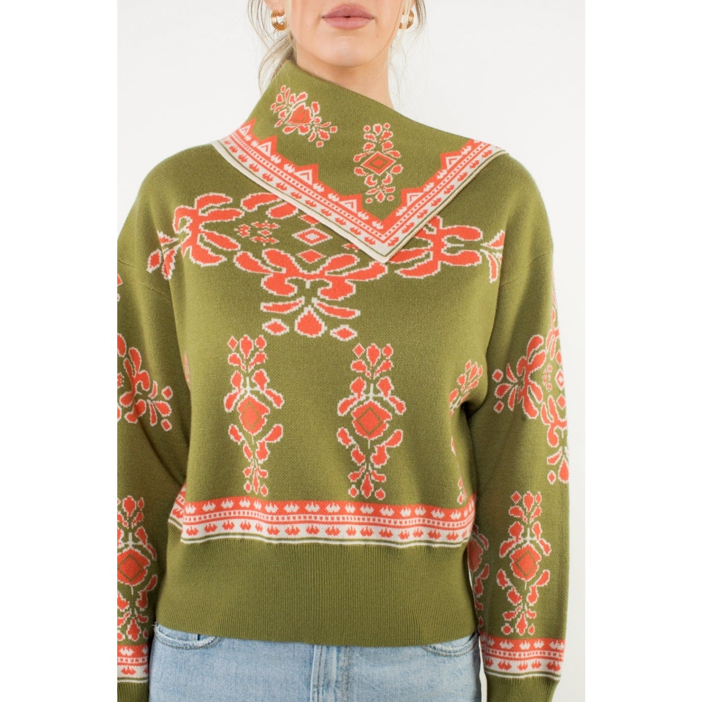 Long Sleeve Print Sweater - Olive
