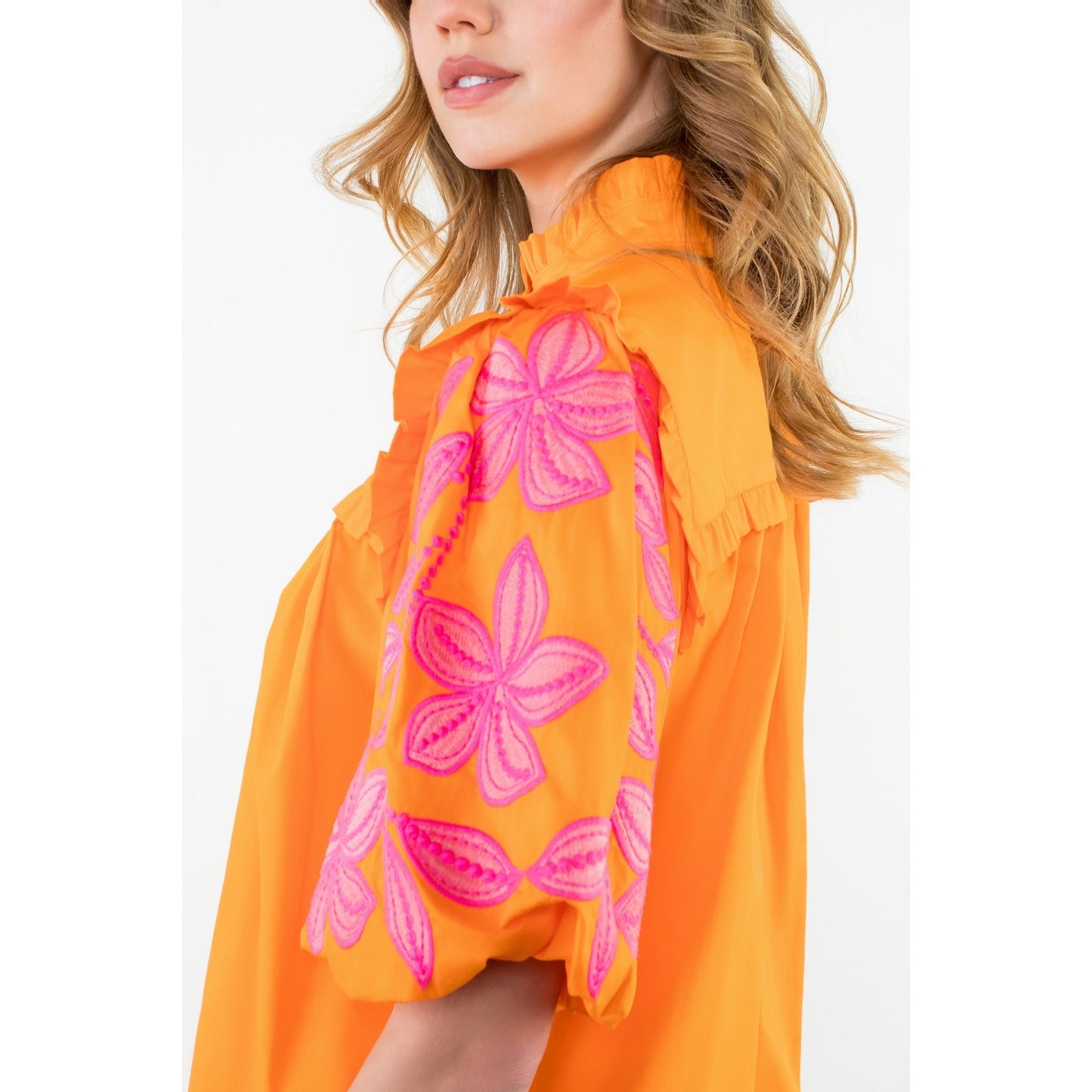 Embroidered Puff Sleeve Poplin Top - Orange