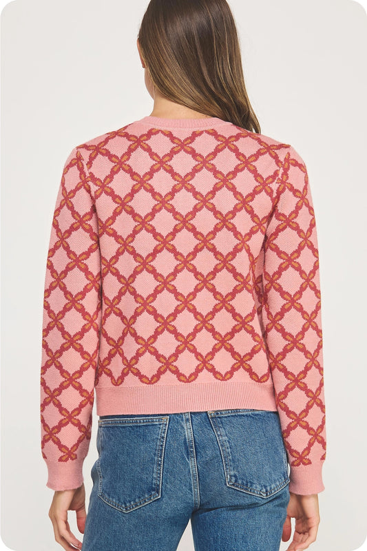 Chainlink Intarsia Cardigan Sweater - Mauve Multi