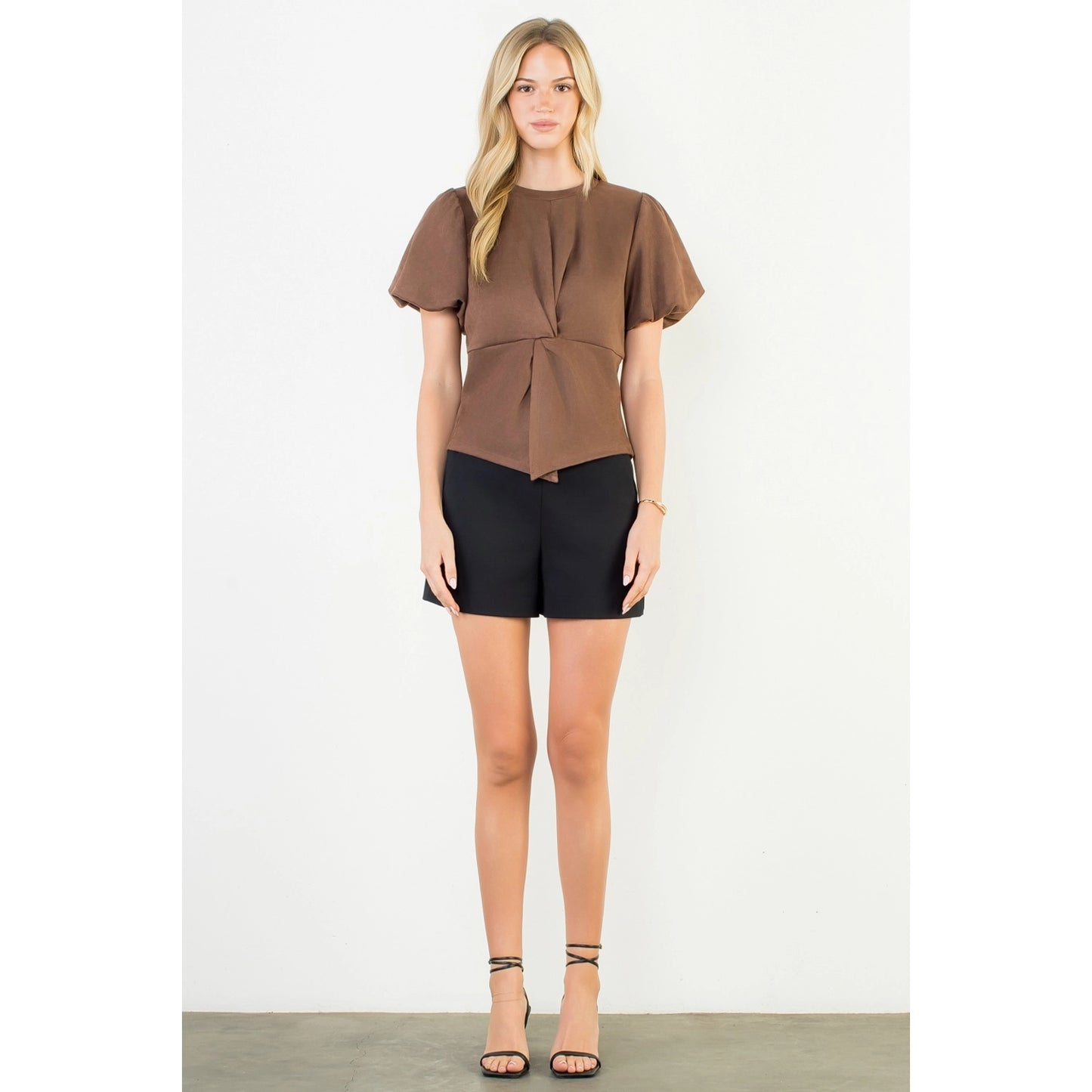 Puff Sleeve Twisted Detail Suede Top - Brown