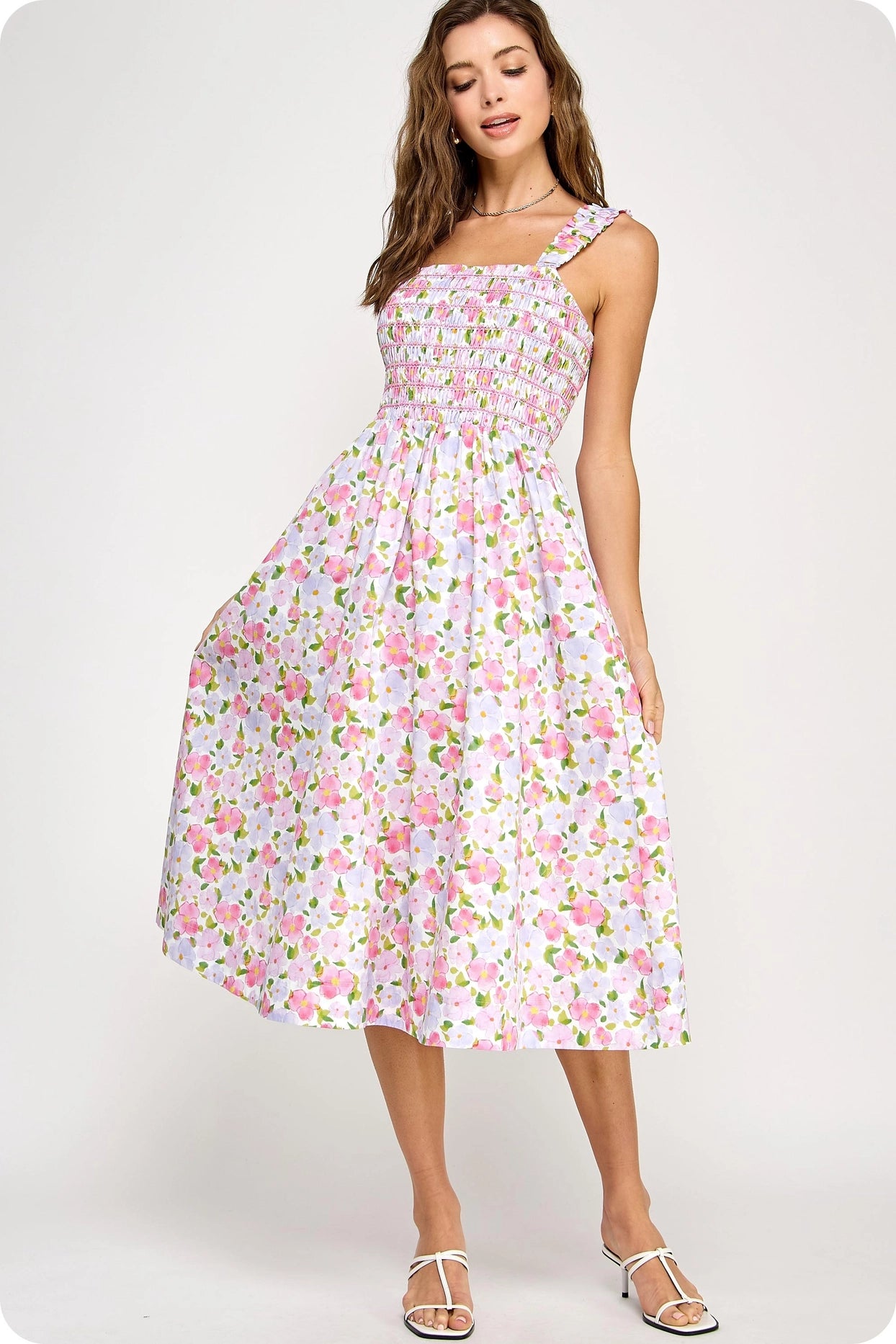 Floral Print Contrast Smocking Midi Dress - Pink Multi
