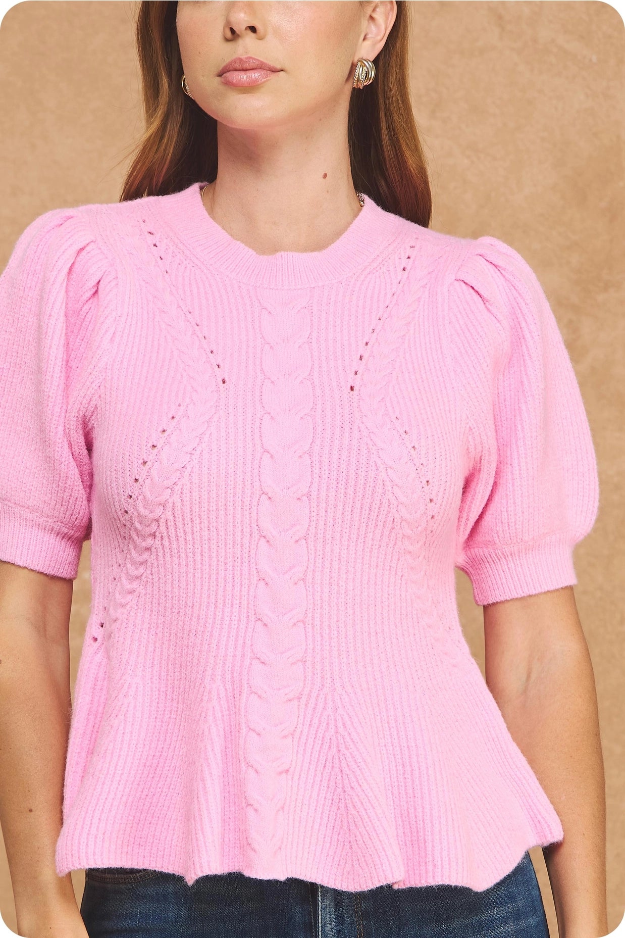 Flared Puff Sleeve Knit Top - Bubblegum Pink