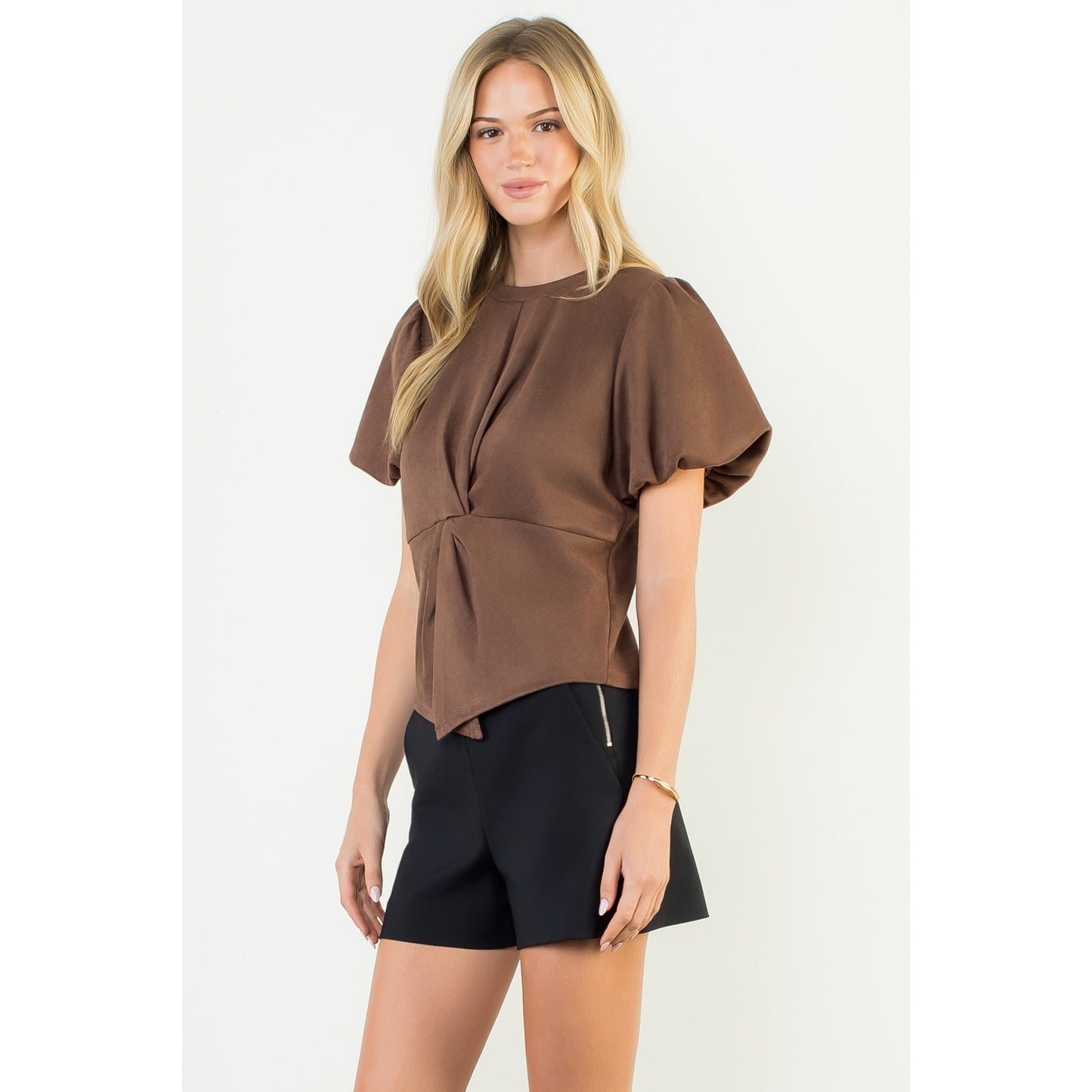Puff Sleeve Twisted Detail Suede Top - Brown