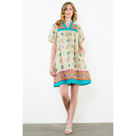 Puff Sleeve Floral V-Neck Dress - Taupe