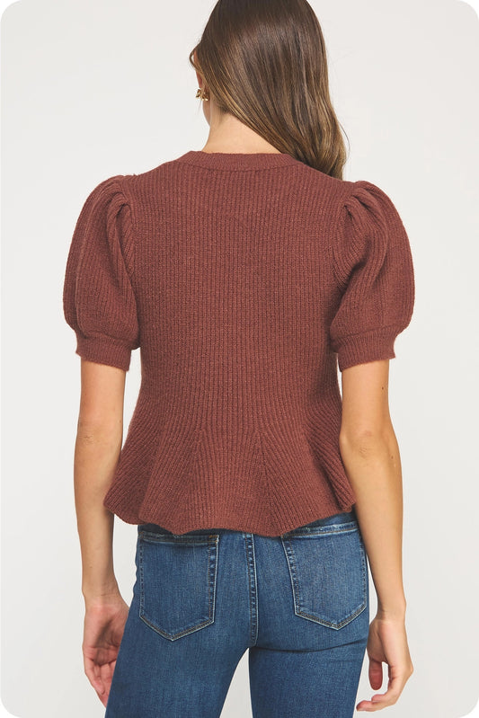 Flared Puff Sleeve Knit Top - Chocolate