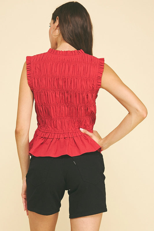 Front-Tie Detailed Smocking Top - Red