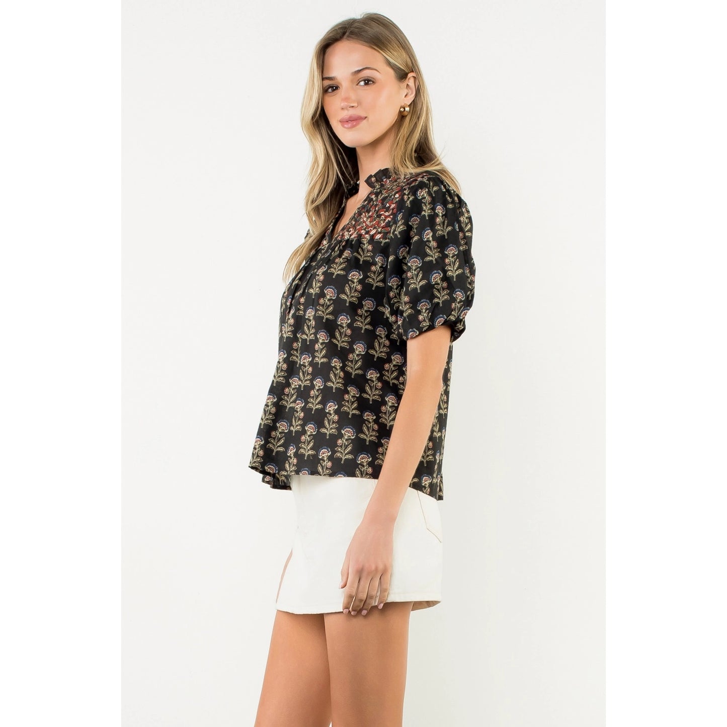 Puff Sleeve Floral Print V-Neck Top - Black