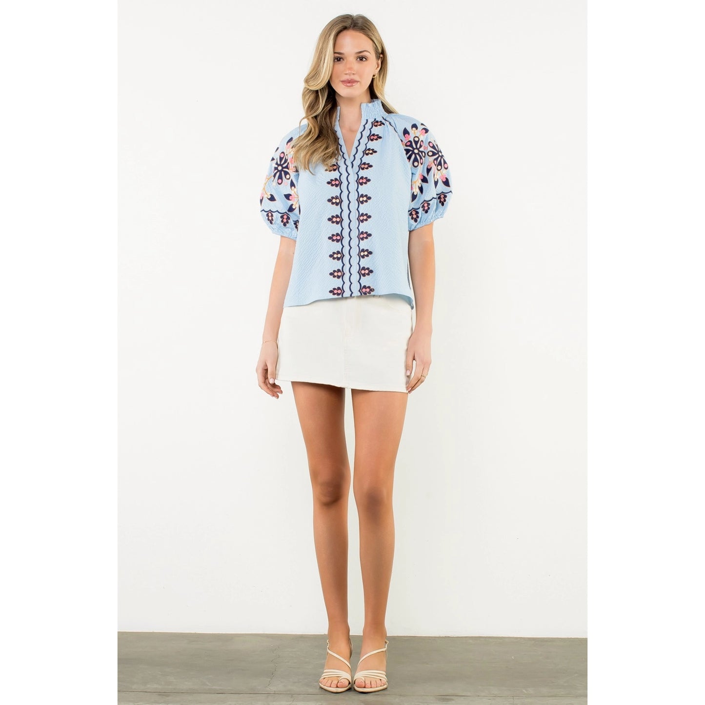 Embroidered Puff Sleeve Textured Top - Blue