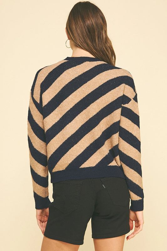 Diagonal Stripe Knit Sweater - Navy/Taupe