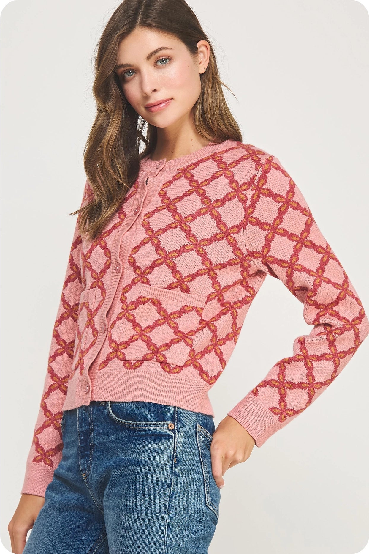 Chainlink Intarsia Cardigan Sweater - Mauve Multi