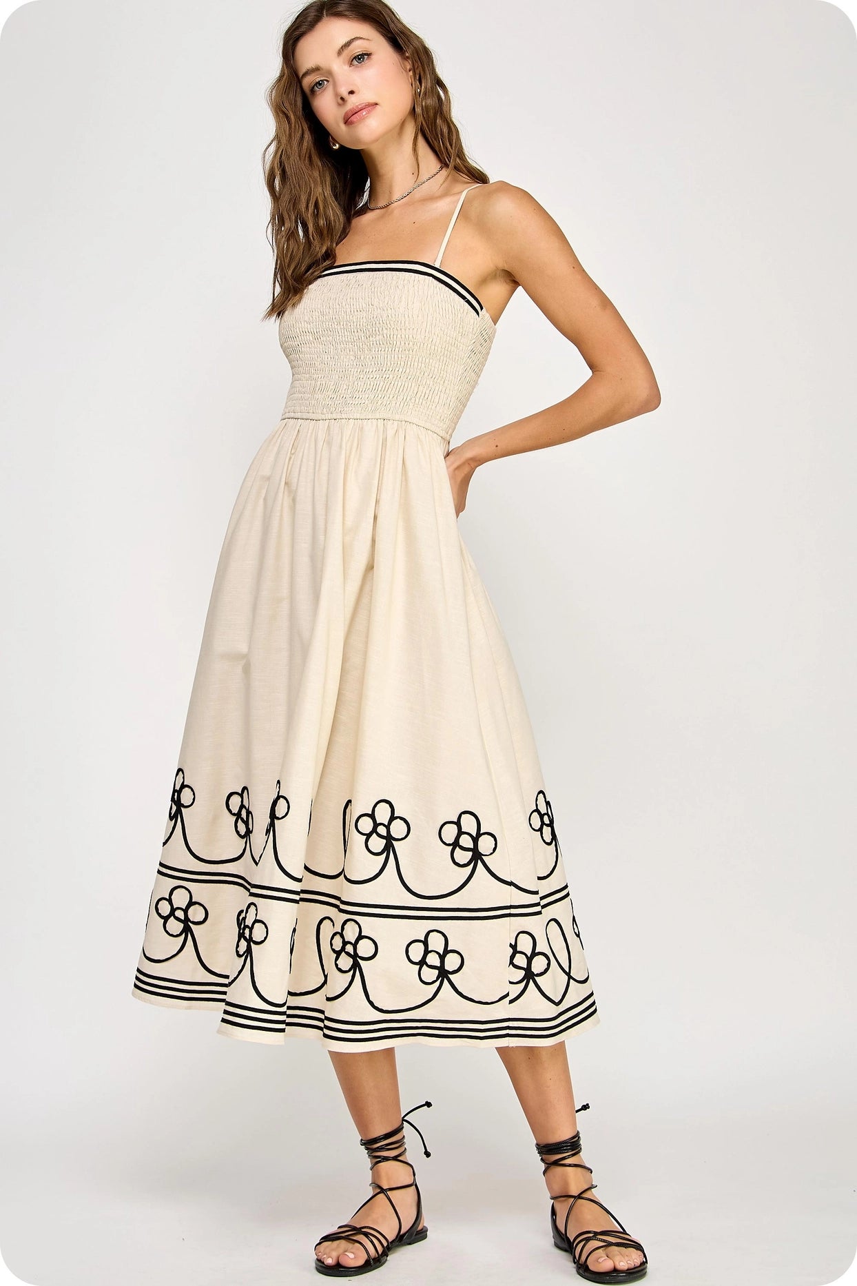Contrast Embroidered Trim Linen Midi Dress - Ecru/Black
