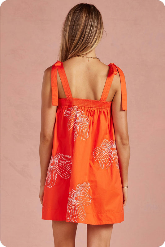 Embroidered Tie Shoulder Sleeveless Mini Dress - Orange/Off White