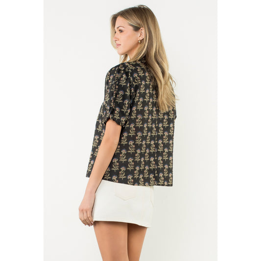Puff Sleeve Floral Print V-Neck Top - Black
