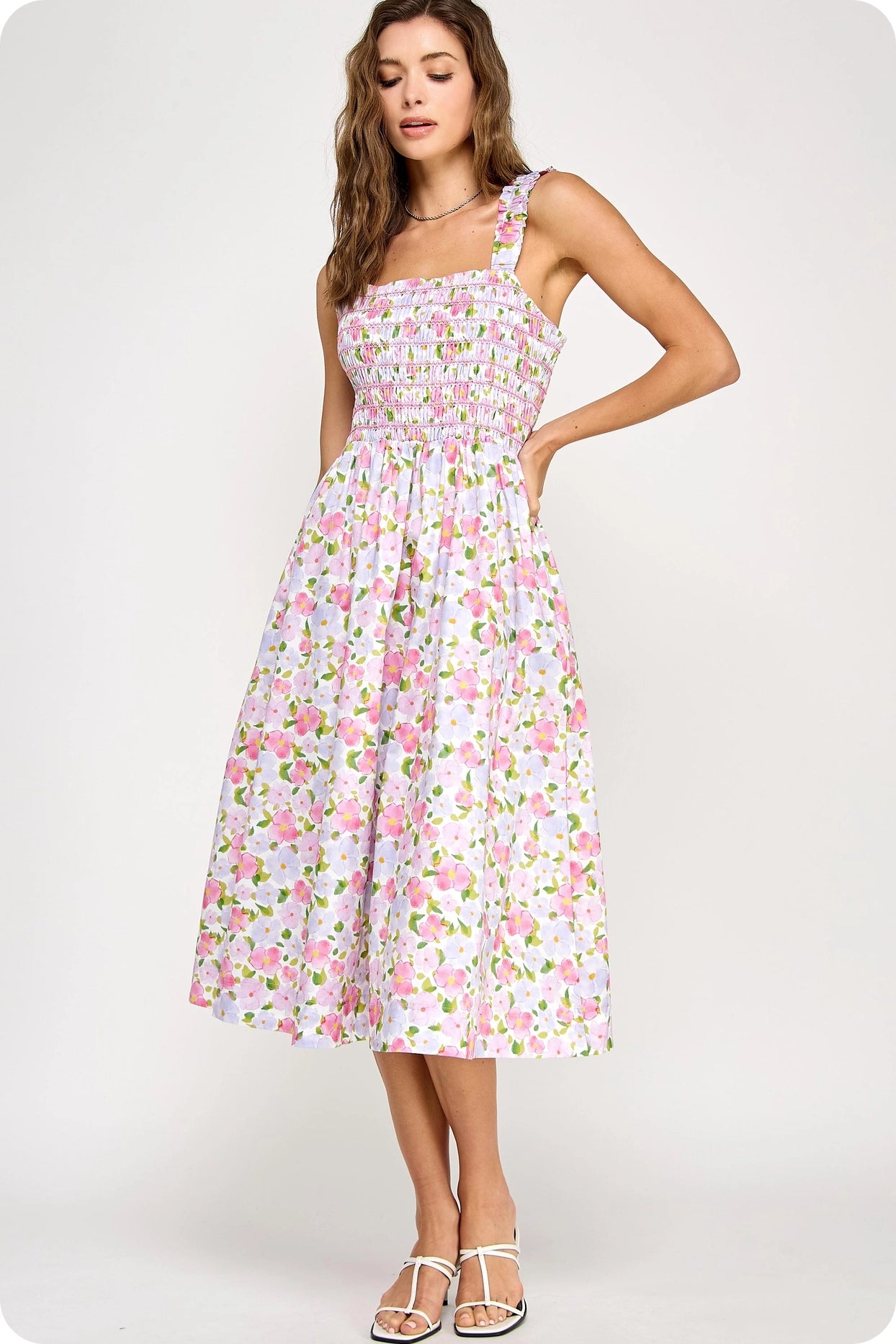 Floral Print Contrast Smocking Midi Dress - Pink Multi
