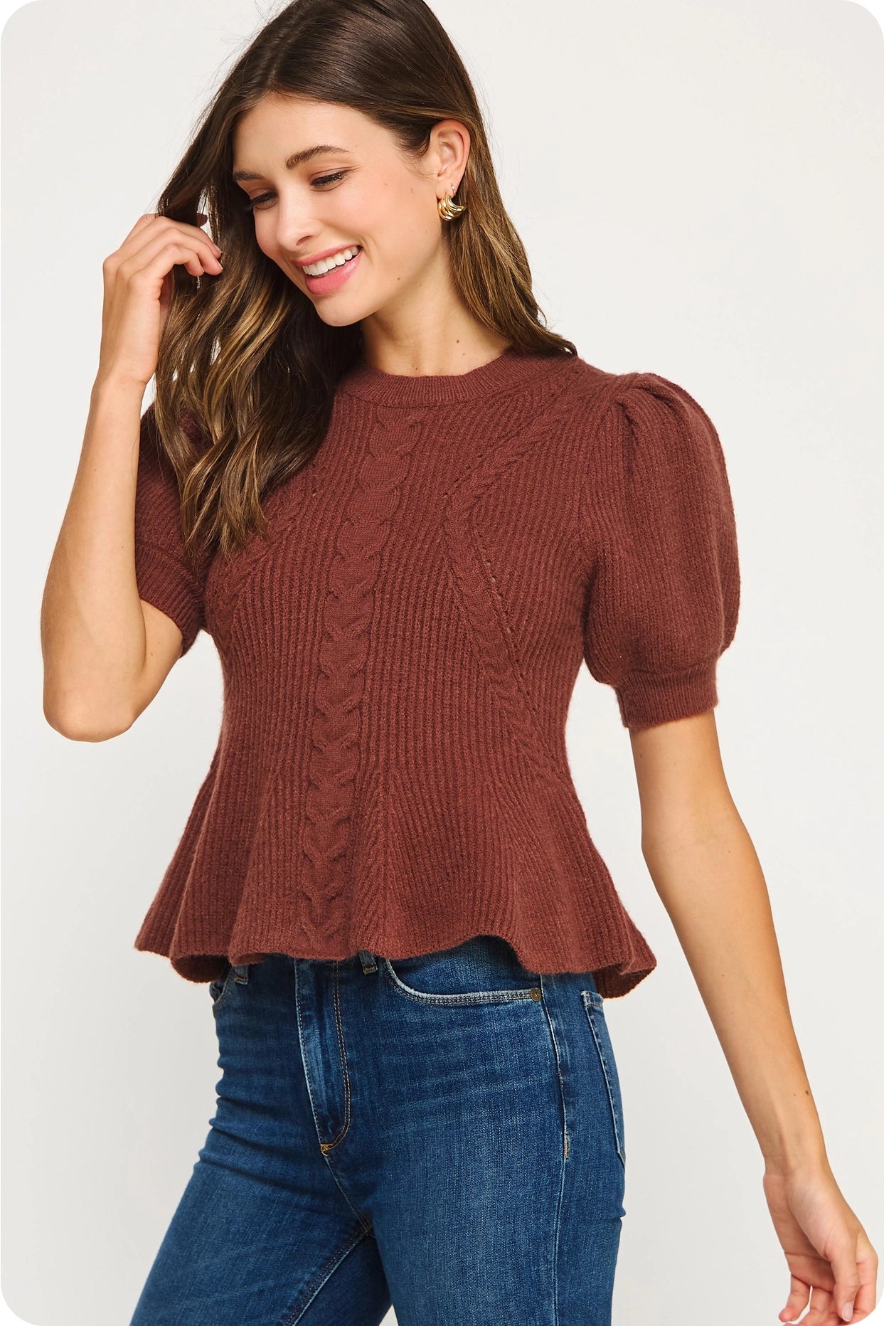 Flared Puff Sleeve Knit Top - Chocolate