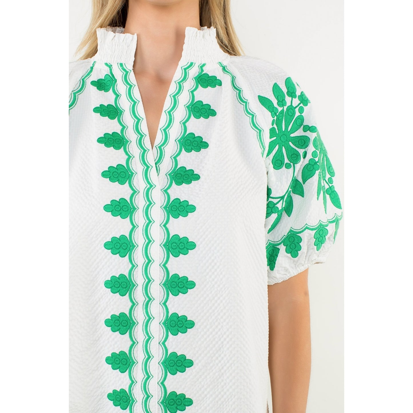 Embroidered Smocked Neck Puff Top - White