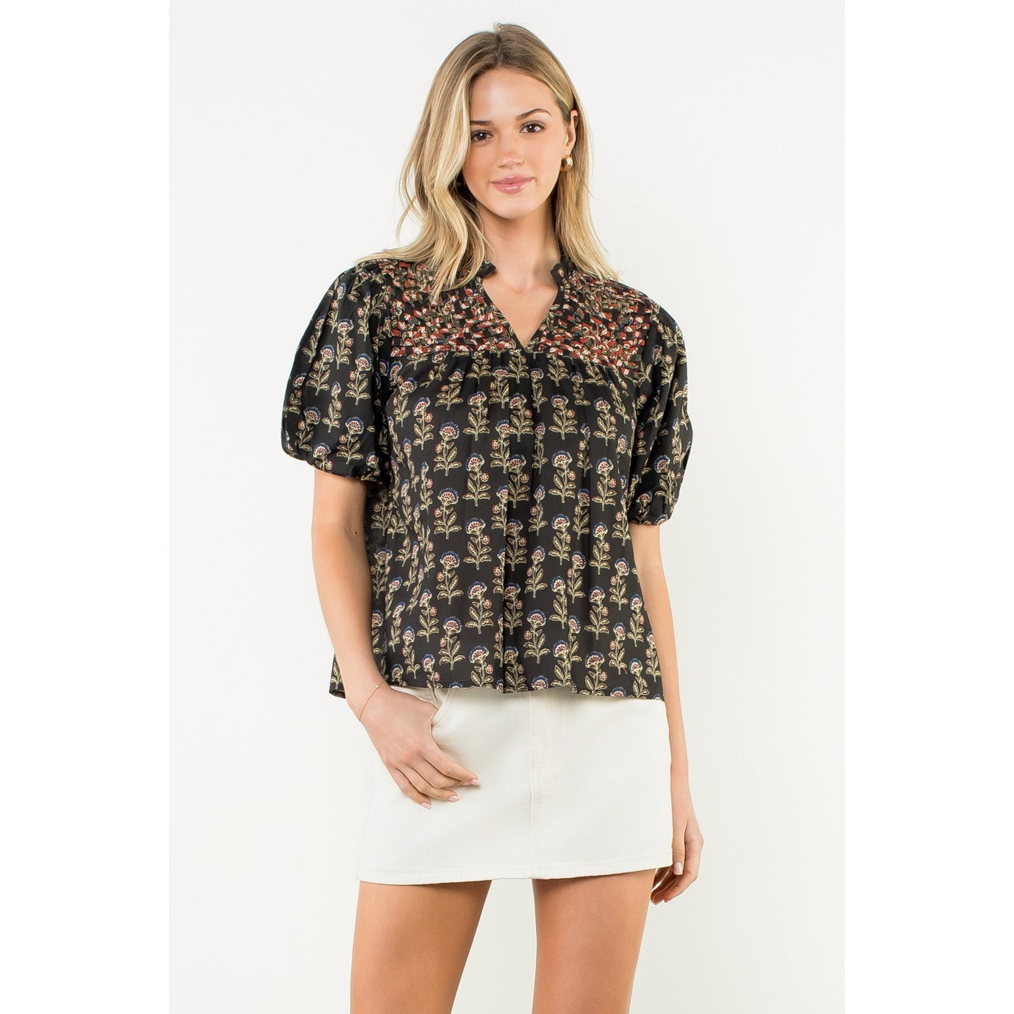 Puff Sleeve Floral Print V-Neck Top - Black