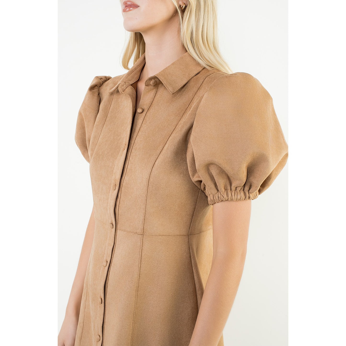 Puff Sleeve Button Up Suede Dress - Camel