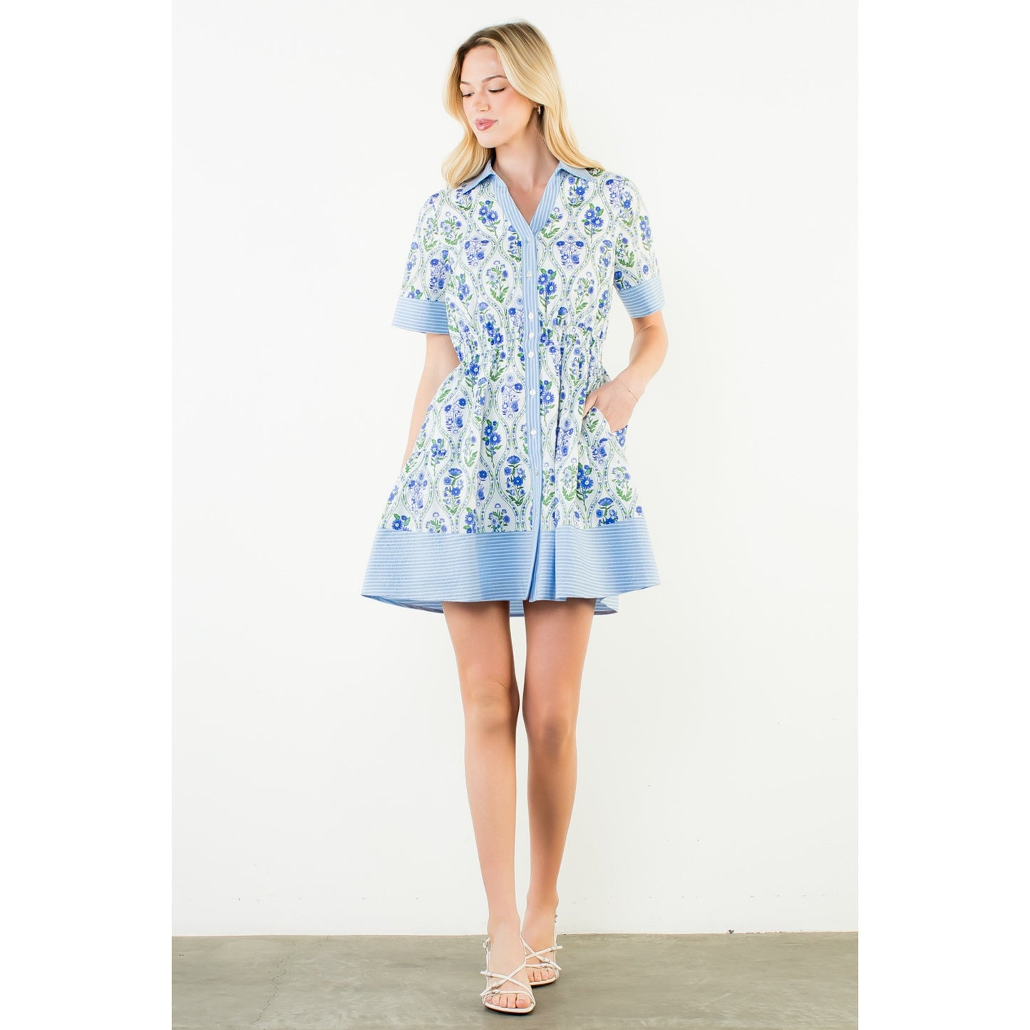 Short Sleeve Button Down Floral Pattern Dress - White