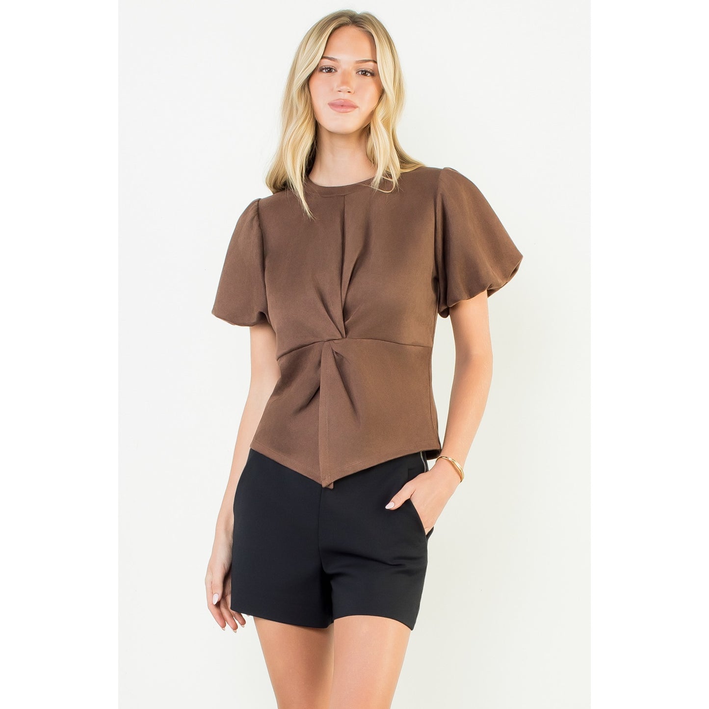 Puff Sleeve Twisted Detail Suede Top - Brown