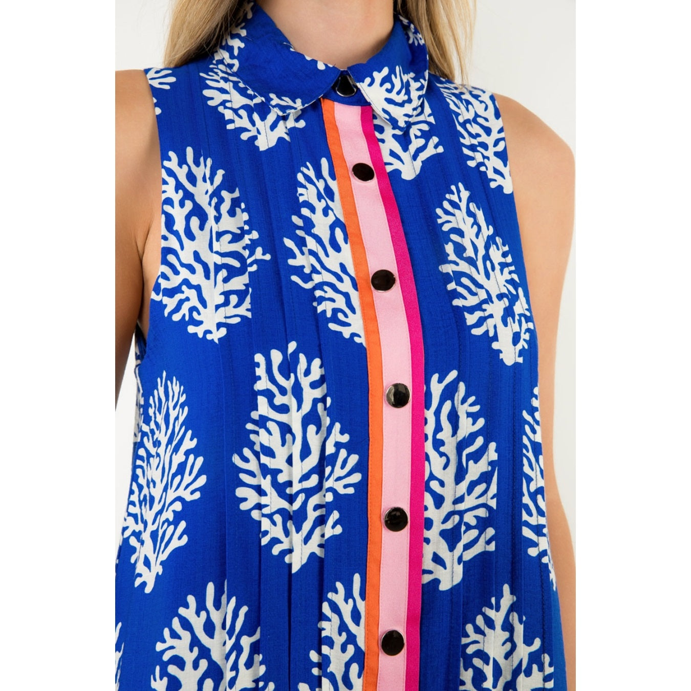 Pleated Button Front Coral Print Dress - Blue