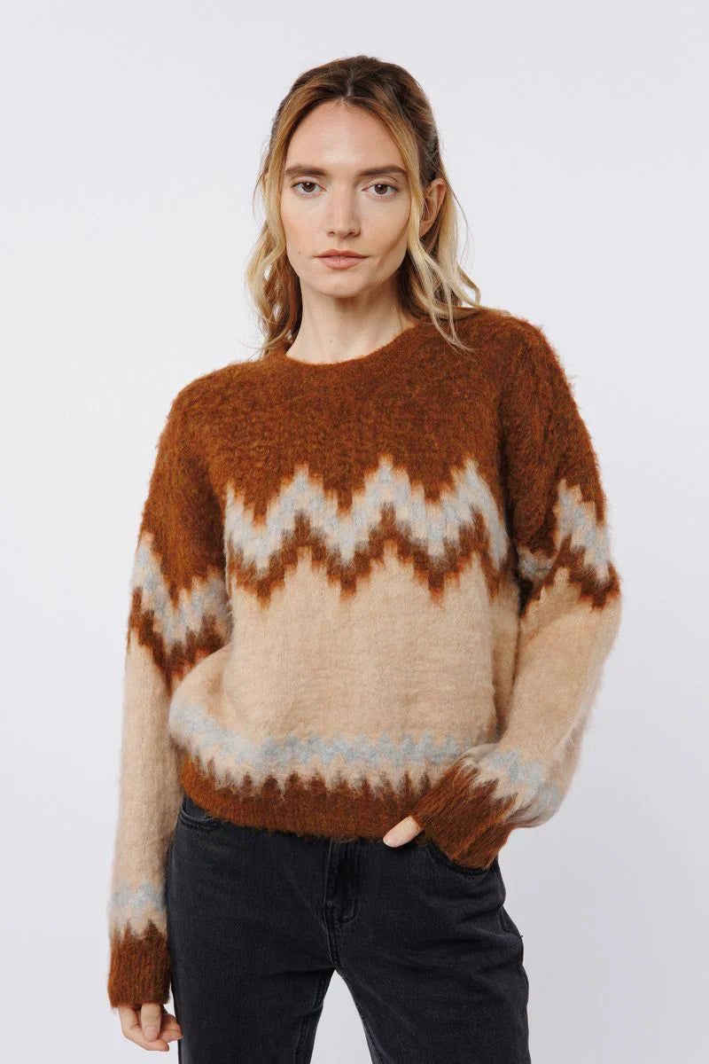 Long Sleeve Pullover Sweater - Brown Multi