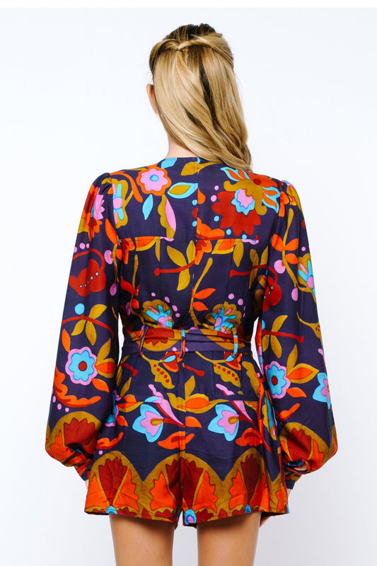 Sophie Belted Long Sleeve Romper - Navy Multi