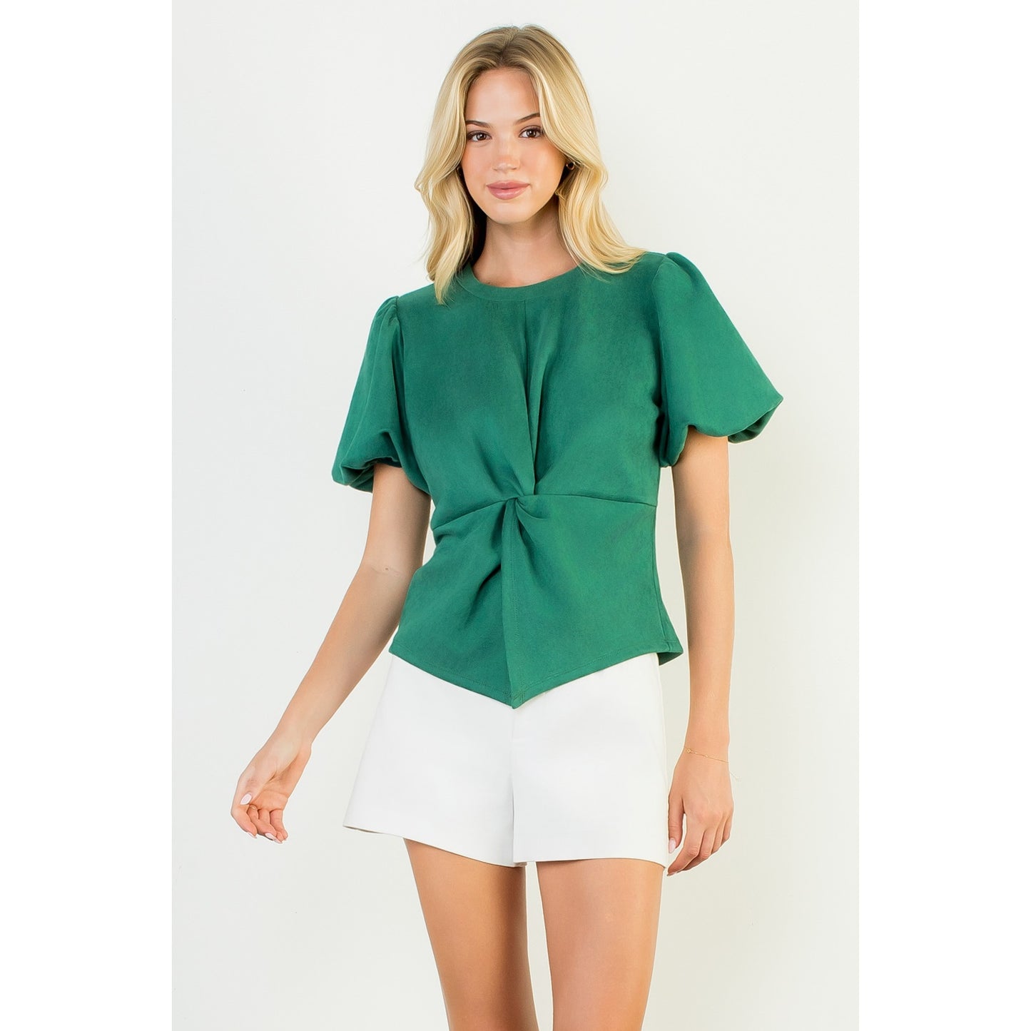 Puff Sleeve Twisted Detail Suede Top - Green