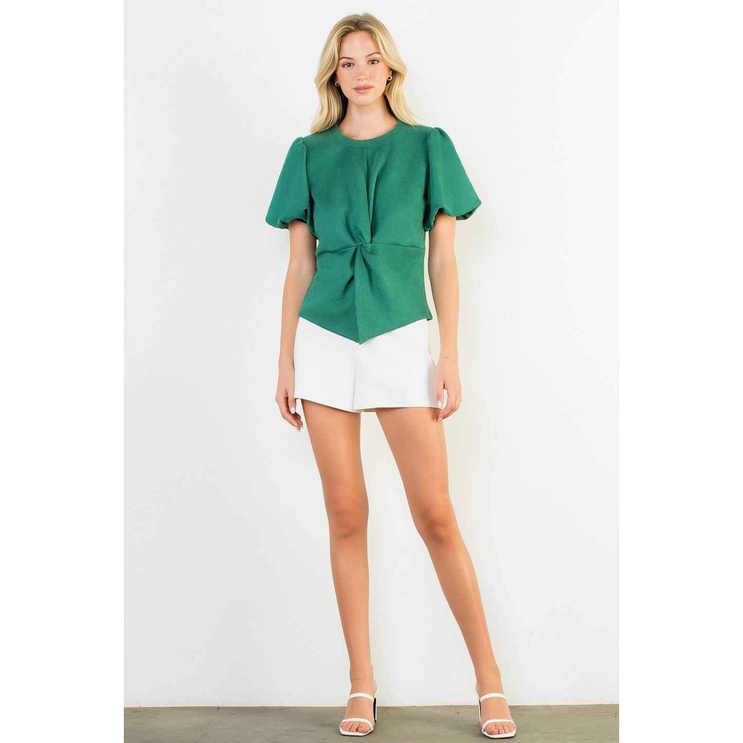 Puff Sleeve Twisted Detail Suede Top - Green