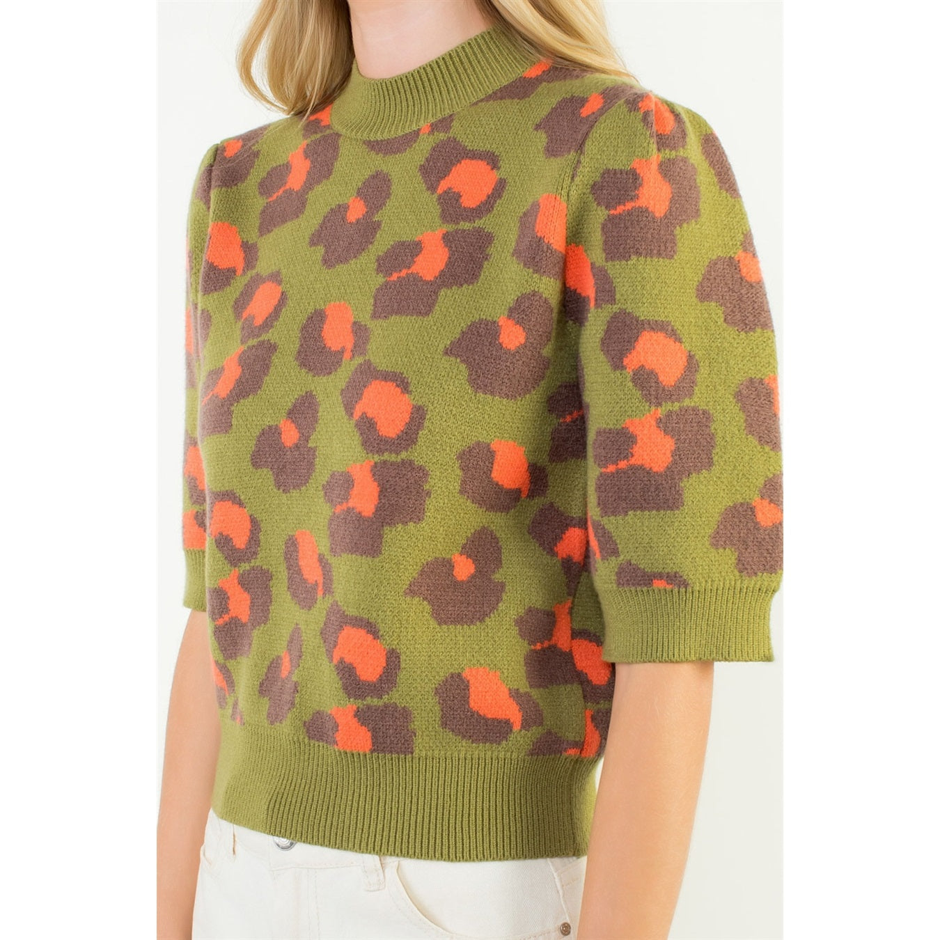 Short Sleeve Leopard Print Knit Top - Olive