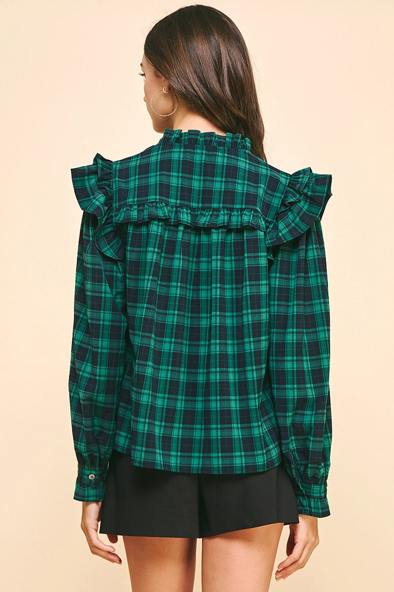 3/4 Sleeves Ruffle Plaid Blouse - Green