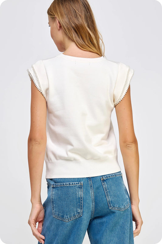 Pearl Trim Sleeveless Knit Sweater Top - Ivory