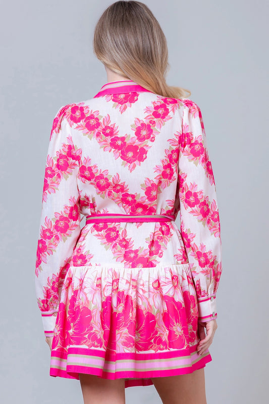 Long Sleeve Button Up Printed Dress w/Self Tie - Pink Multi - Spinout