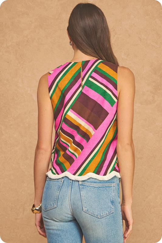 Vibrant Geometric Stripe Scalloped Fringe Sleeveless Top - Brown Multi