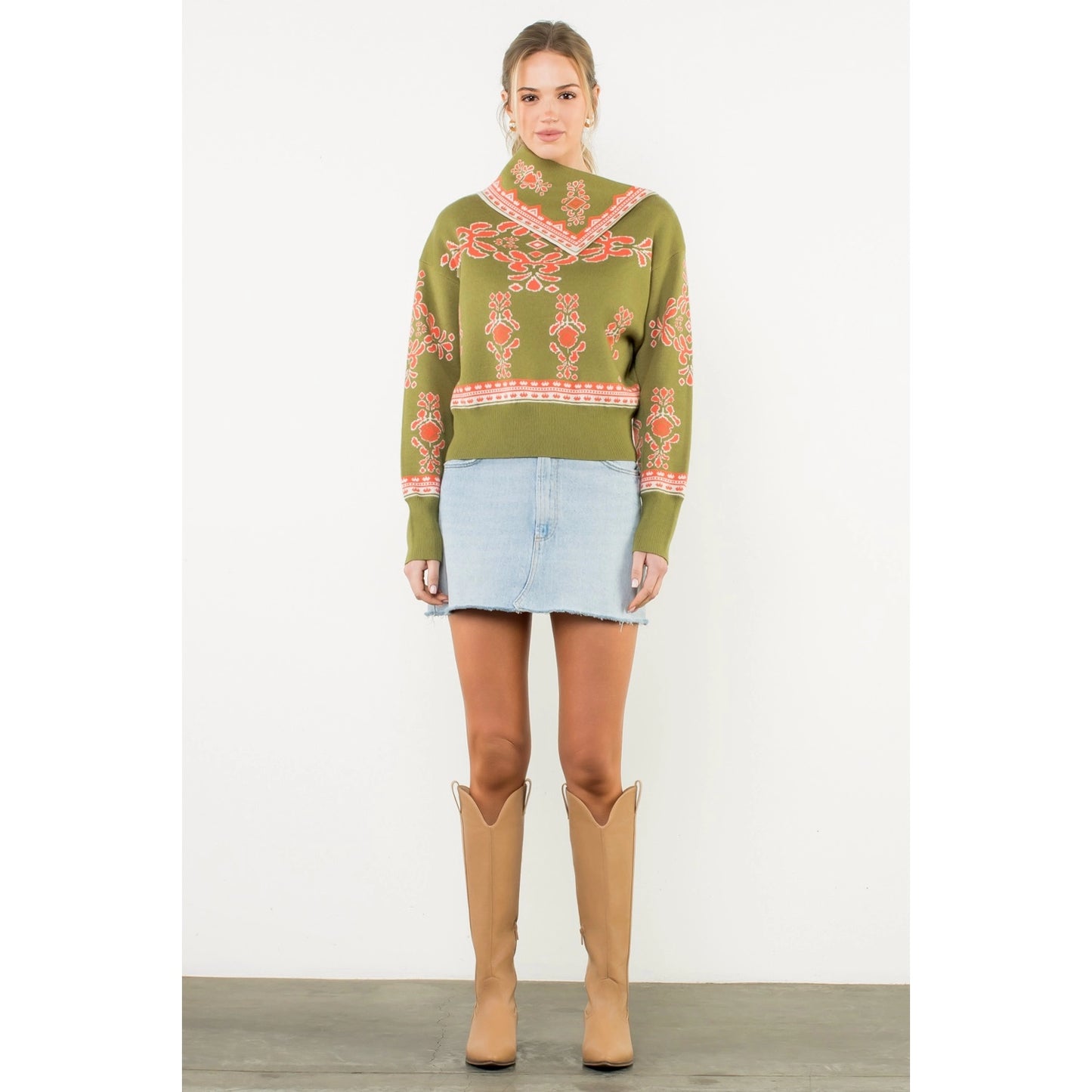 Long Sleeve Print Sweater - Olive