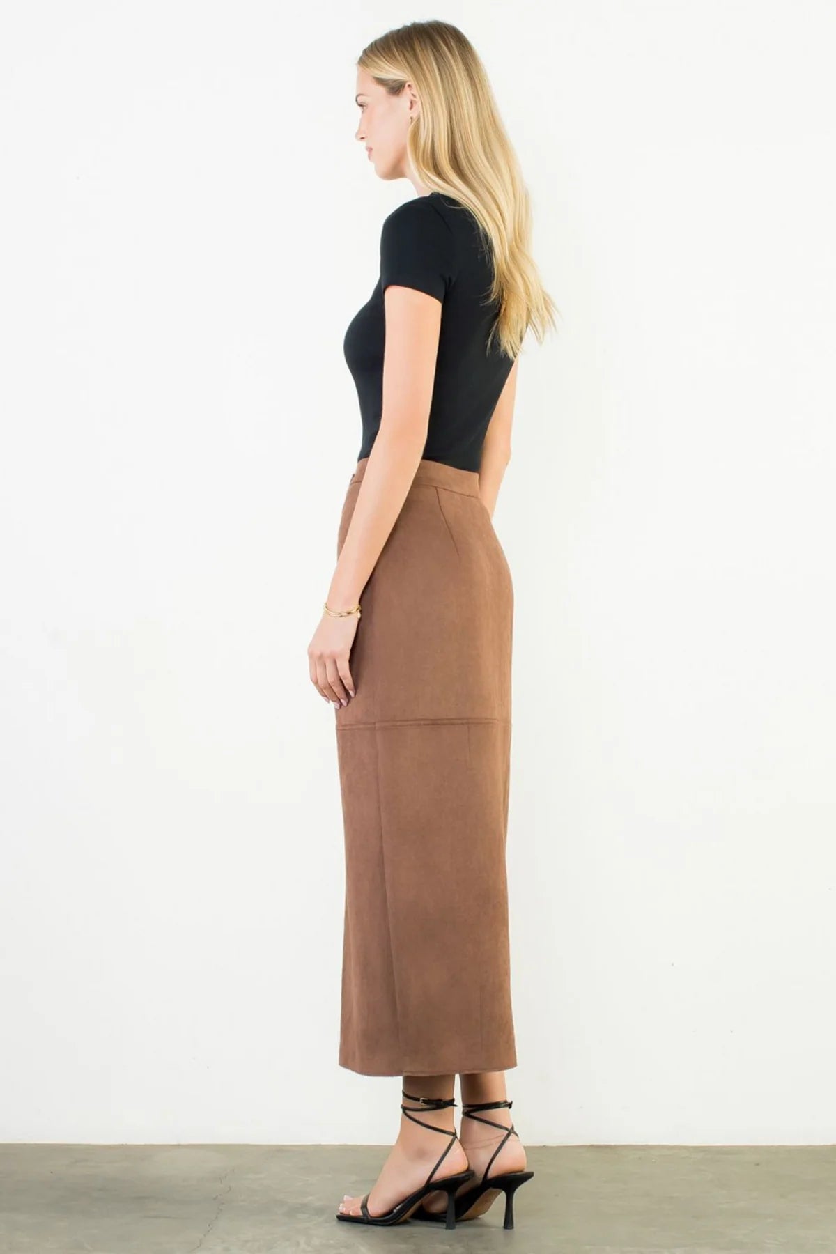 Front Slit Suede Long Skirt - Brown