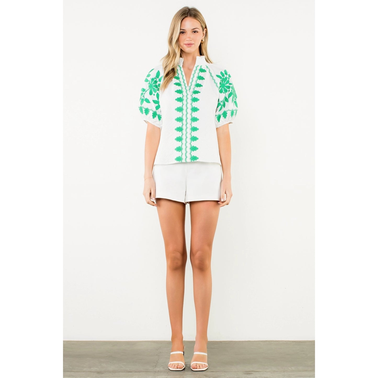 Embroidered Smocked Neck Puff Top - White