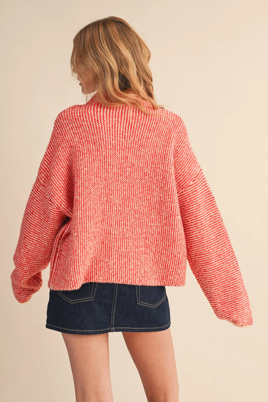 Striped Sweater Cardigan with Colorful Buttons - Ivory Red
