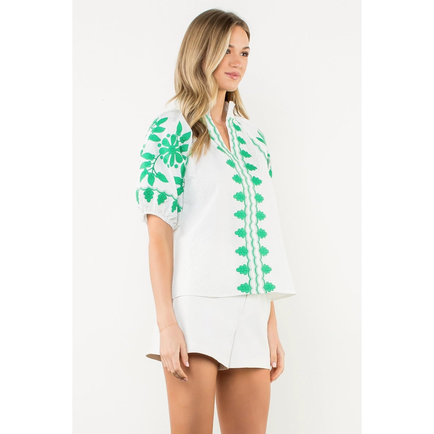Embroidered Smocked Neck Puff Top - White