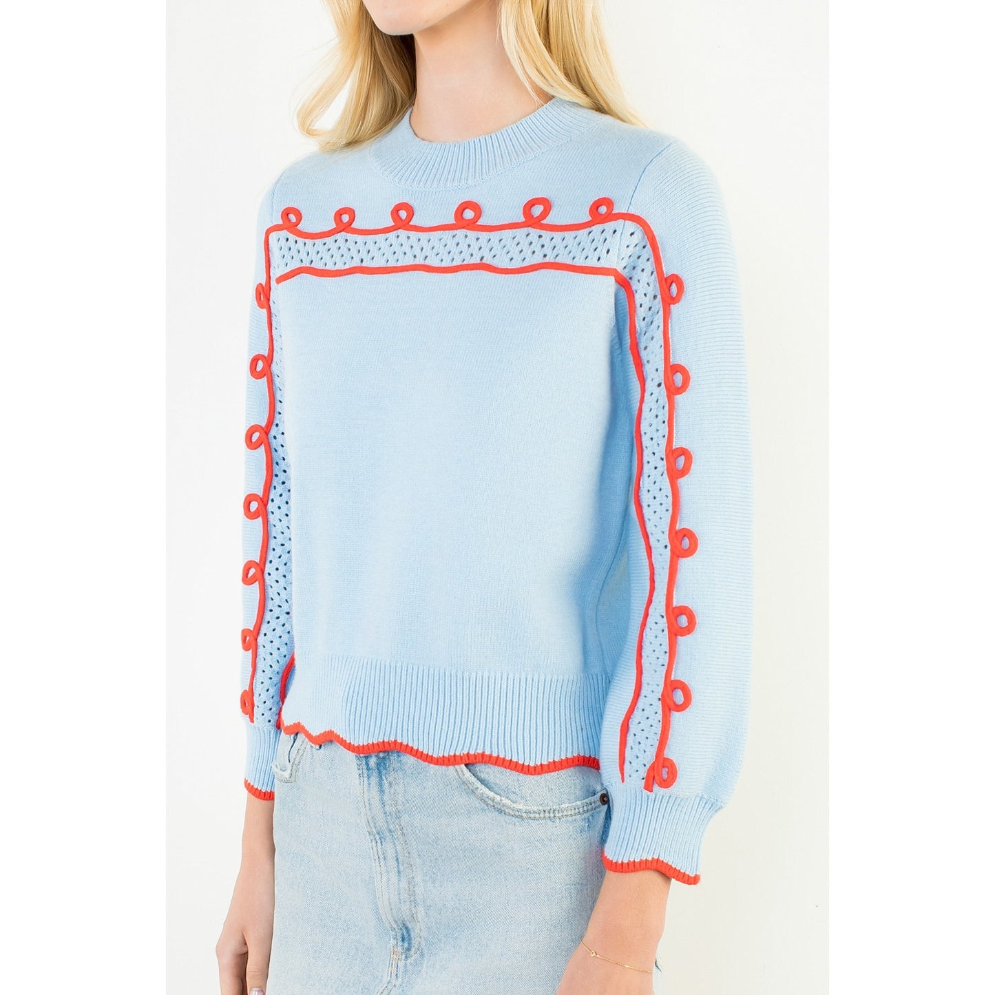 Long Sleeve Wavy Pattern Knitted Sweater - Blue