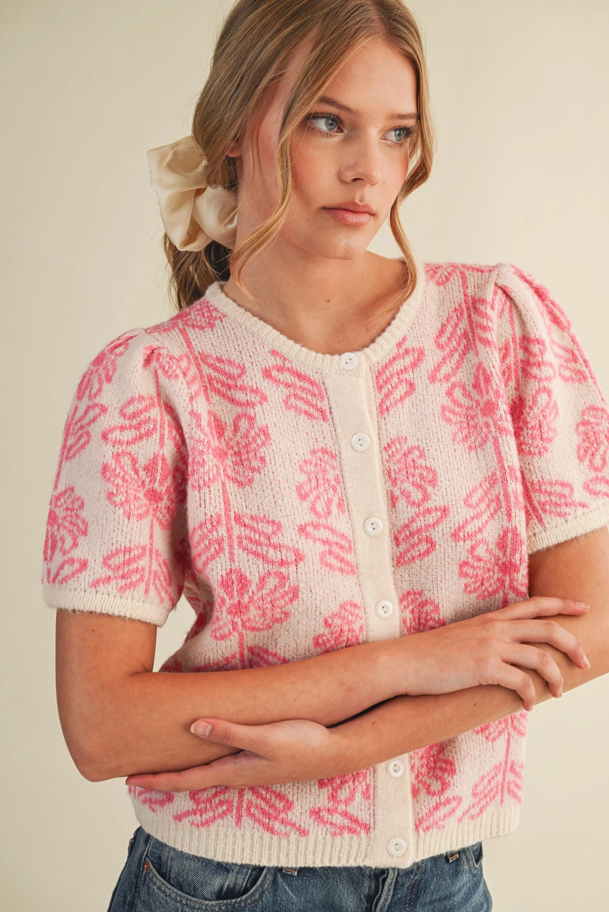 Floral Knit Short Puff Sleeve Sweater Cardigan - Pink