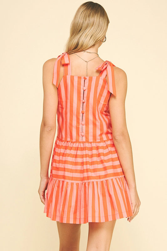 Striped Self-Tie Sleeve Mini Dress - Orange Coral