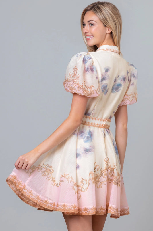 Floral Victorian Print Short Sleeve Dress - Baby Pink/Ivory Multi - Spinout